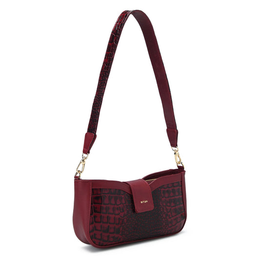 Kaia Croc Hand Burnished Leather Mini Handbag Three Quarter View Wine Red