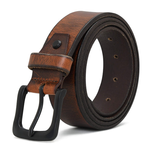 Maddox Mens Rugged Pull Up Leather Belt Distressed Finish Matte Black Buckle Burnished Brown