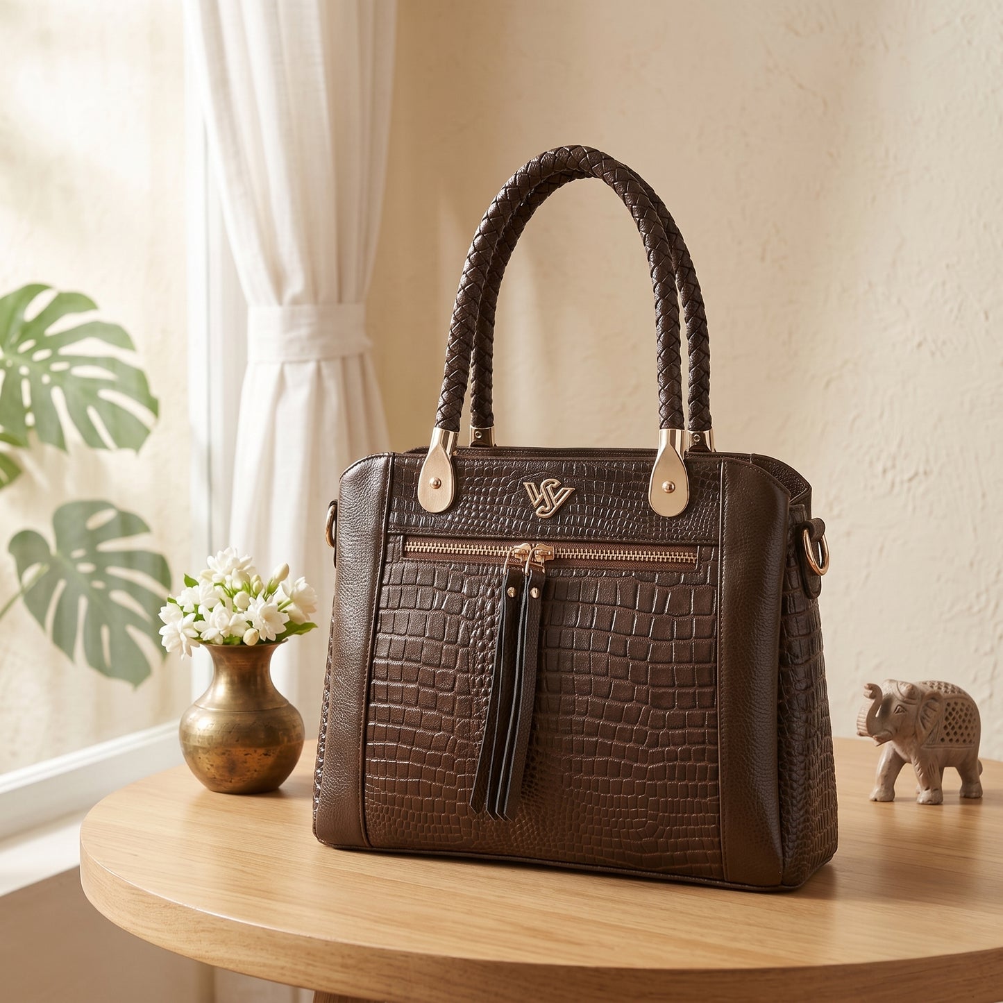 Savina Croco-Pebble Leather Handbag Bag with Lifestyle Dark Walnut