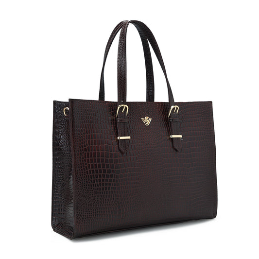 Sienna Croc Embossed Leather Womens Laptop Tote Front Side View Oxblood Brown