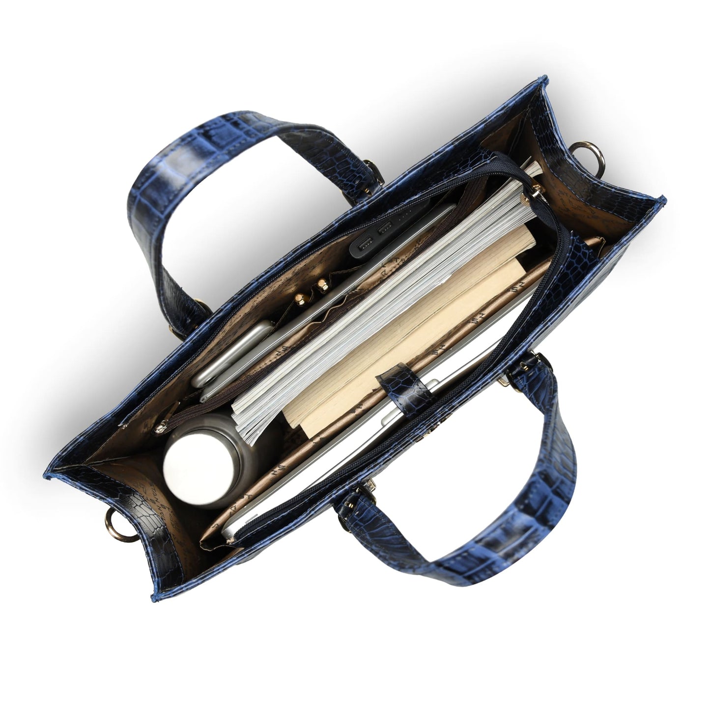 Sienna Elite Croc Hand-Burnished Leather Women Laptop Tote Filled Steel Blue