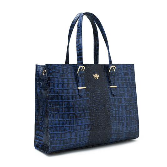 Sienna Elite Croc Hand-Burnished Leather Women Laptop Tote Front Side View Steel Blue