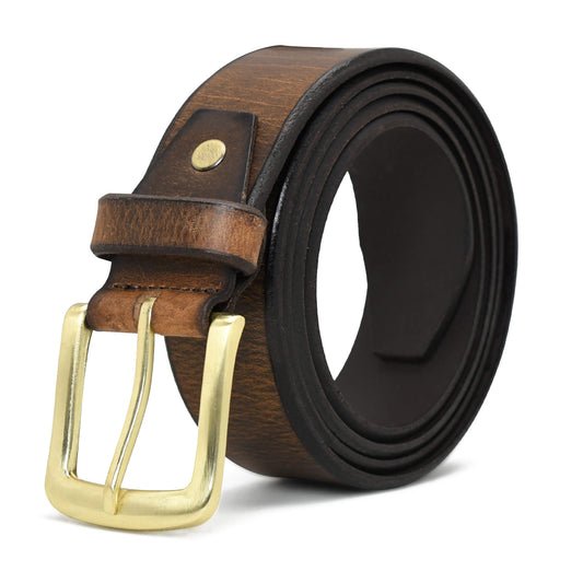 Thorne Hard Wax Leather Belt Rugged Distressed Brush Gold Buckle Saddle Brown