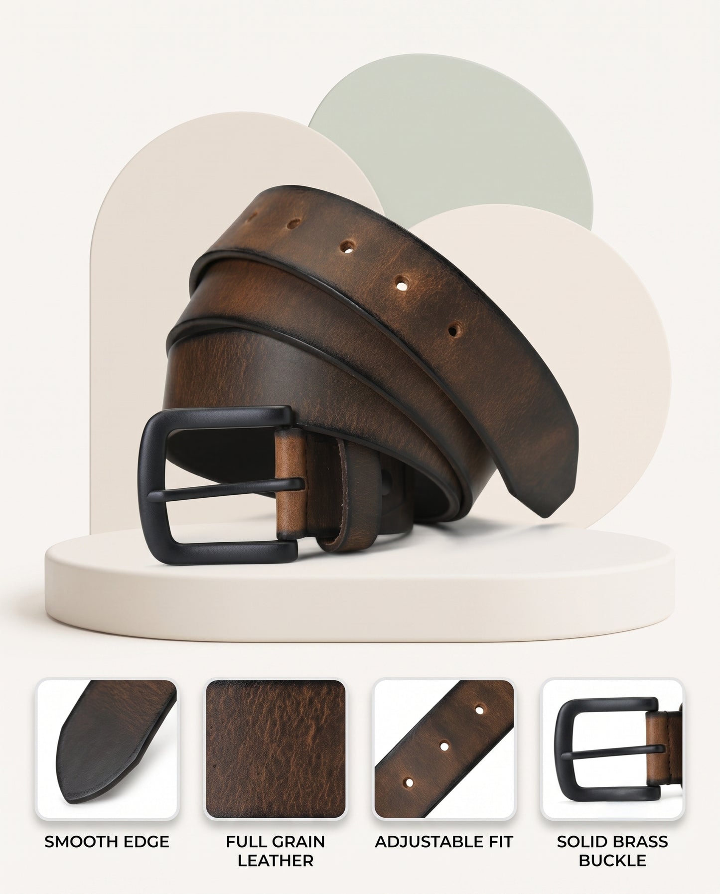 Thorne Hard Wax Leather Belt Rugged Distressed Thick Burnished Brown