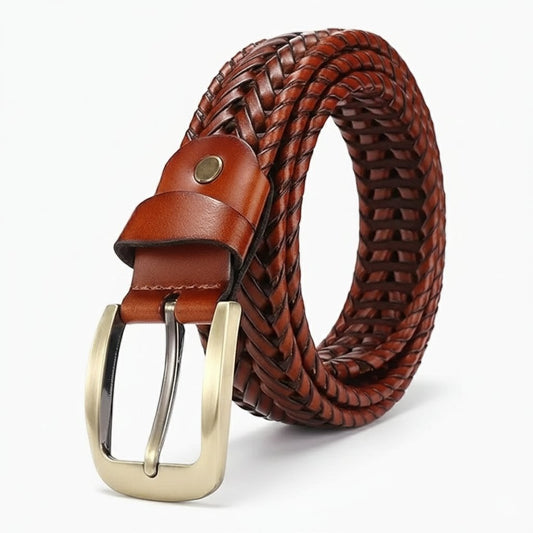 Weave Braided Mens Leather Belt Rolled Tan