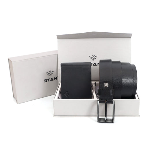 Ledger Leather Wallet & Forge Leather Belt Combo for Men (BLACK)