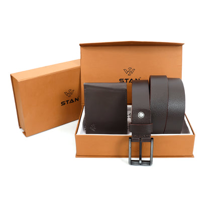Ledger Leather Wallet & Forge Leather Belt Combo for Men (BROWN)