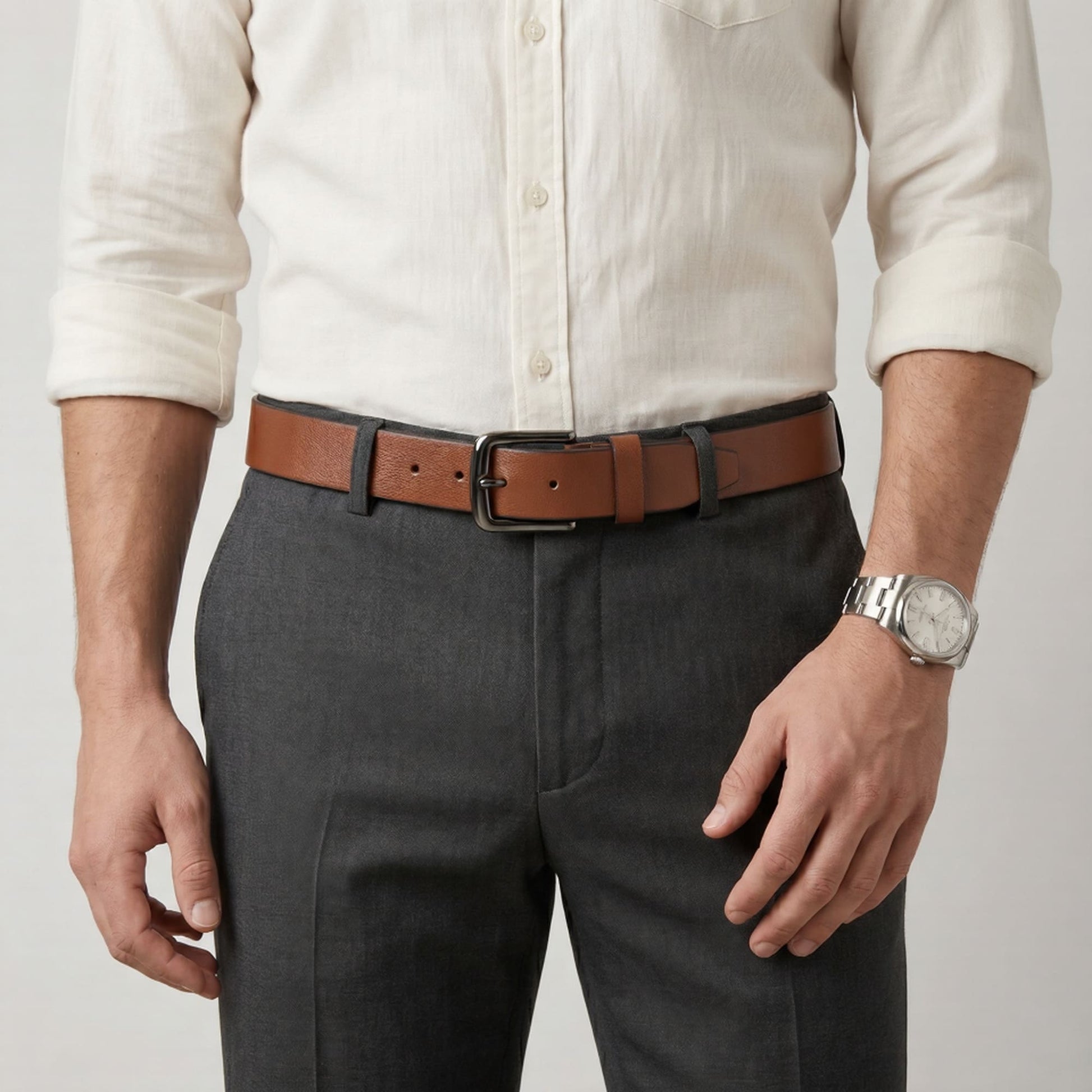 Alden Mens Milled Full Grain Leather Belt Model Wear Tan