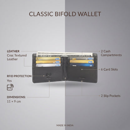 Baron Elite Croc Textured Leather Slim RFID Wallet for Men Infographic Brown