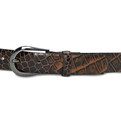 Bella Elite Slim Profile Croc Full Grain Leather Womens Belt Buckled Up Burnt Cognac