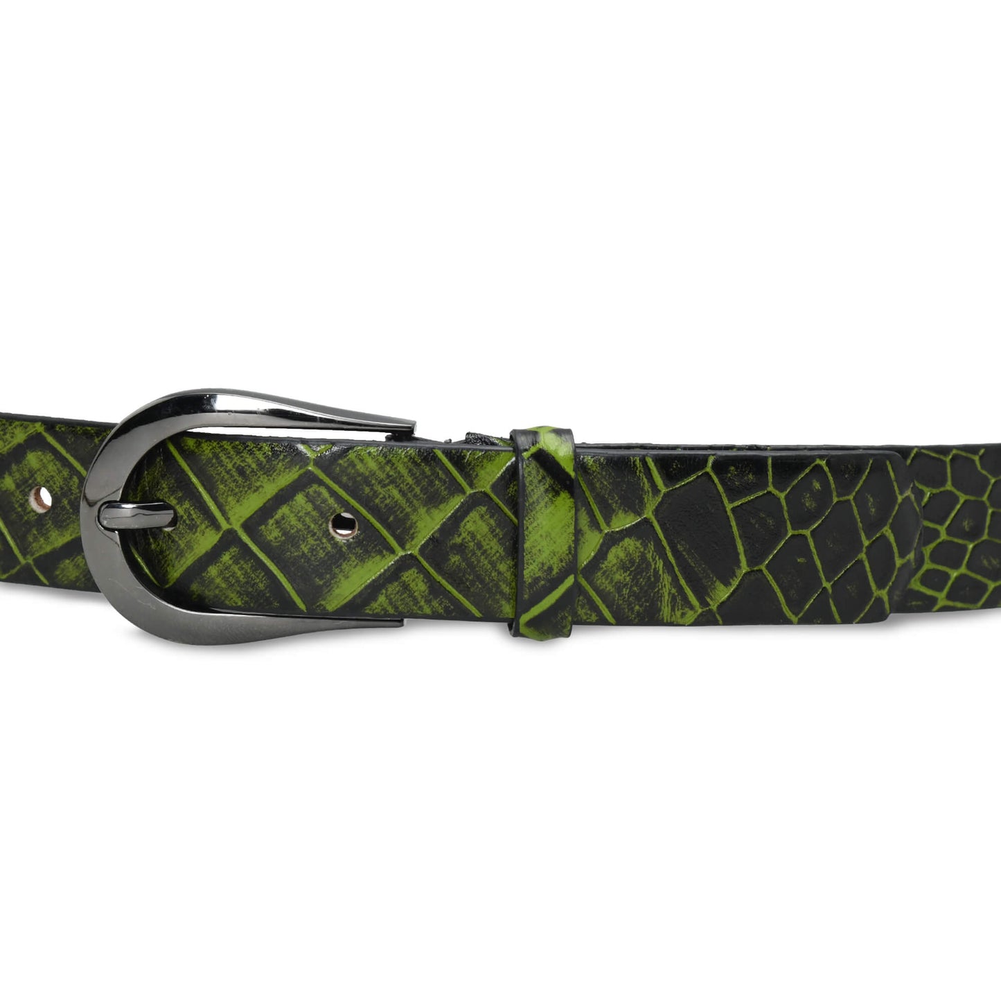 Bella Elite Slim Profile Croc Full Grain Leather Womens Belt Buckled Up Moss Green