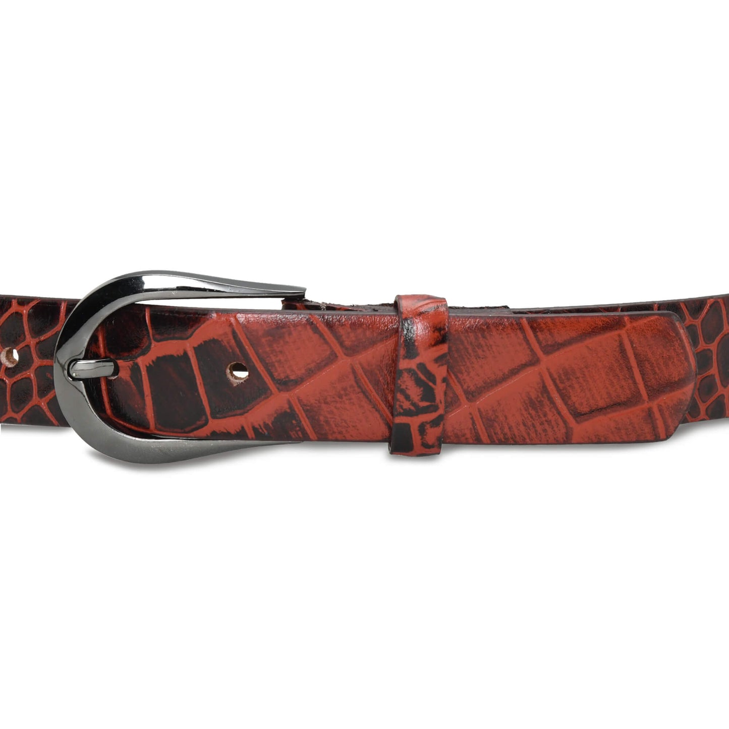 Bella Elite Slim Profile Croc Full Grain Leather Womens Belt Buckled Up Persian Red
