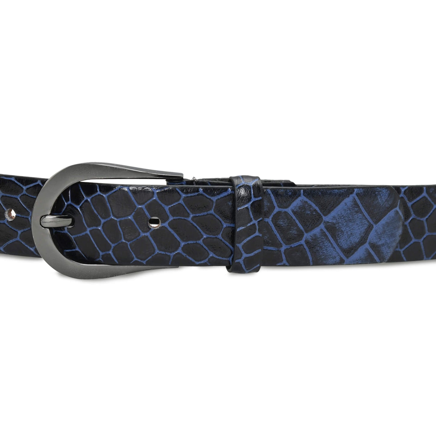 Bella Elite Slim Profile Croc Full Grain Leather Womens Belt Buckled Up Steel Blue