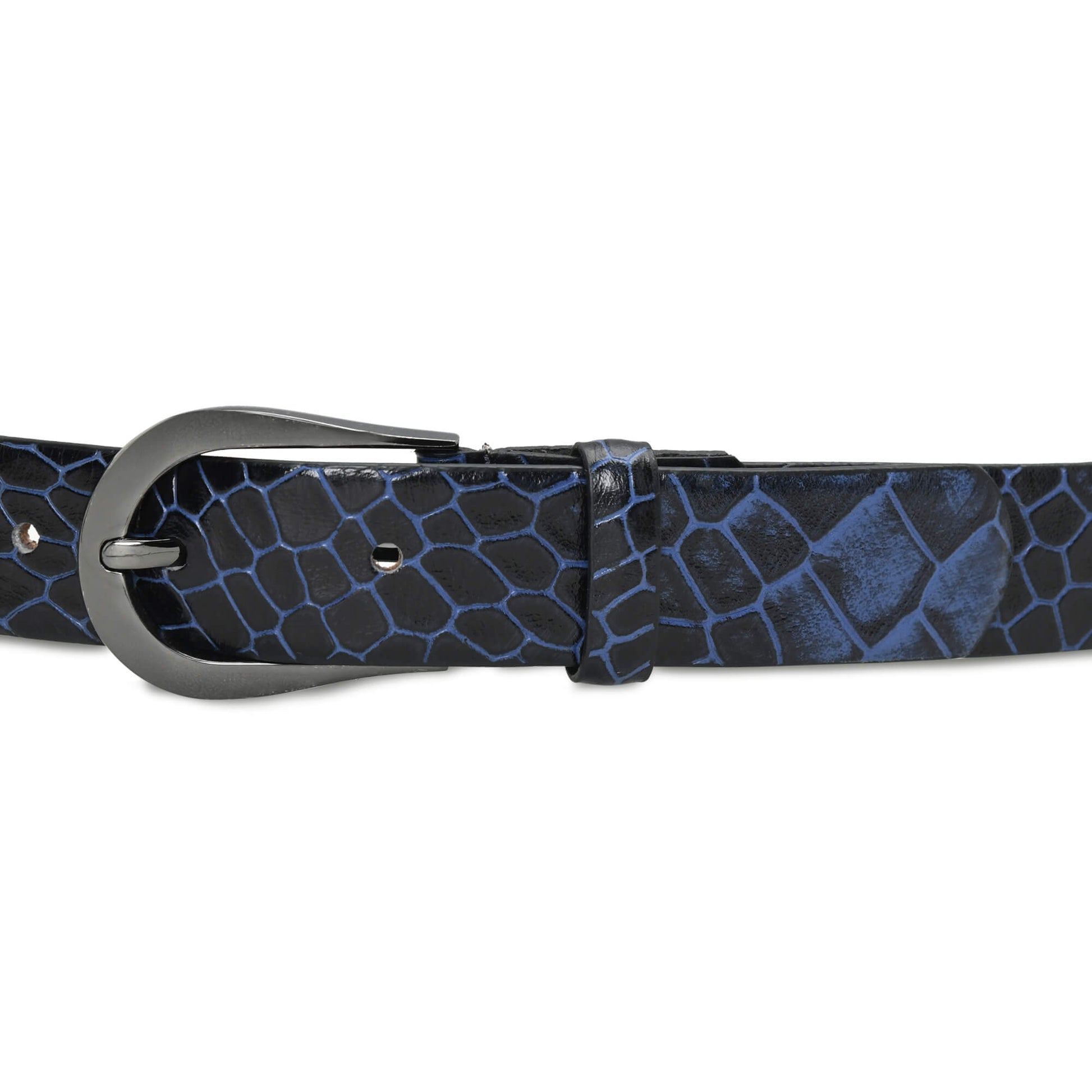 Bella Elite Slim Profile Croc Full Grain Leather Womens Belt Buckled Up Steel Blue