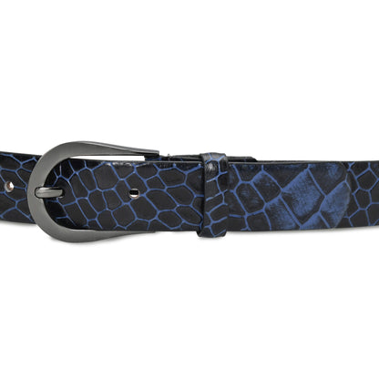 Bella Elite Slim Profile Croc Full Grain Leather Womens Belt Buckled Up Steel Blue