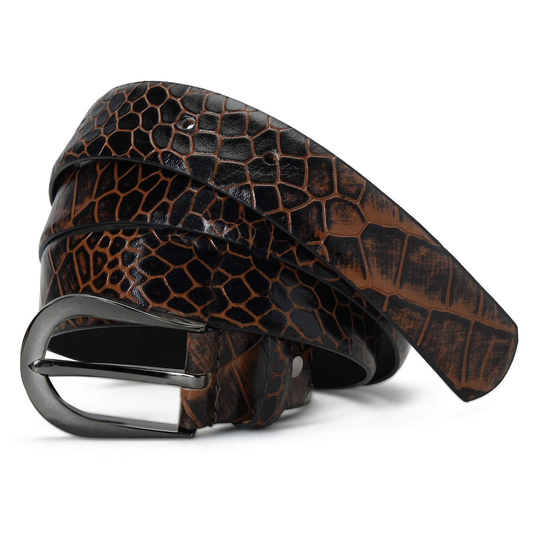 Bella Elite Slim Profile Croc Full Grain Leather Womens Belt Coiled Burnt Cognac