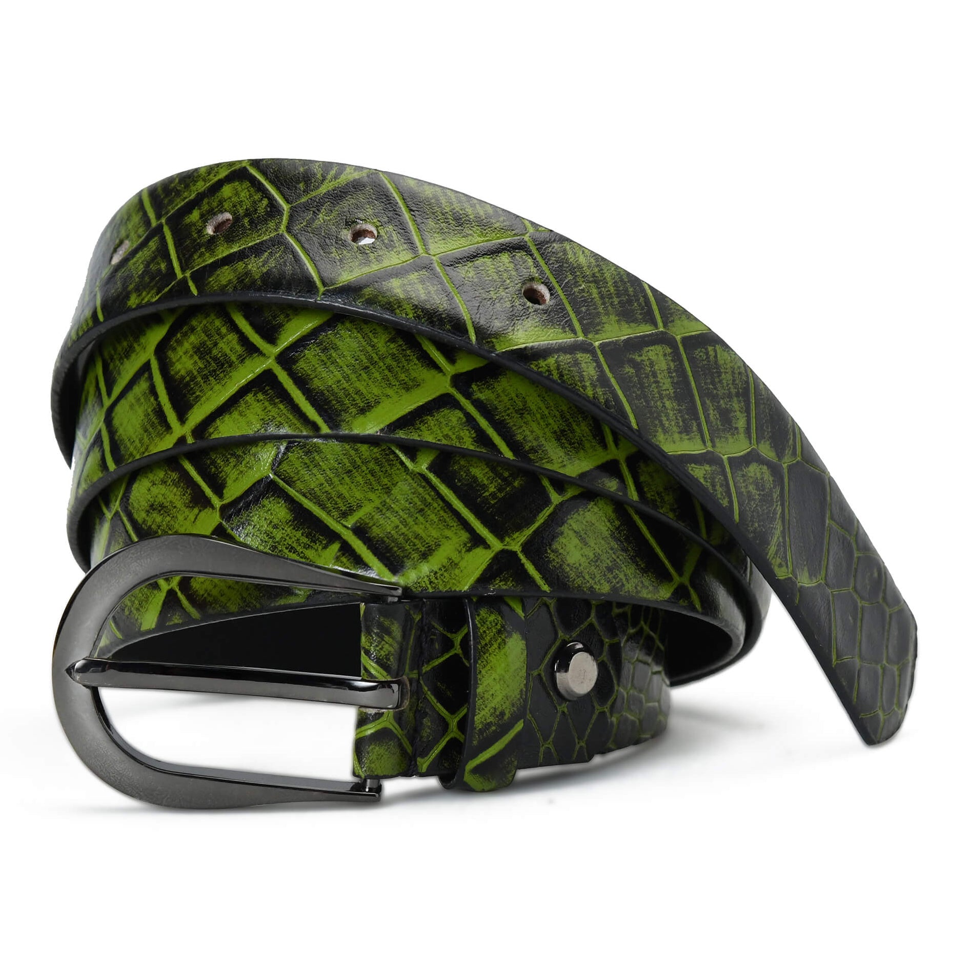 Bella Elite Slim Profile Croc Full Grain Leather Womens Belt Coiled Moss Green