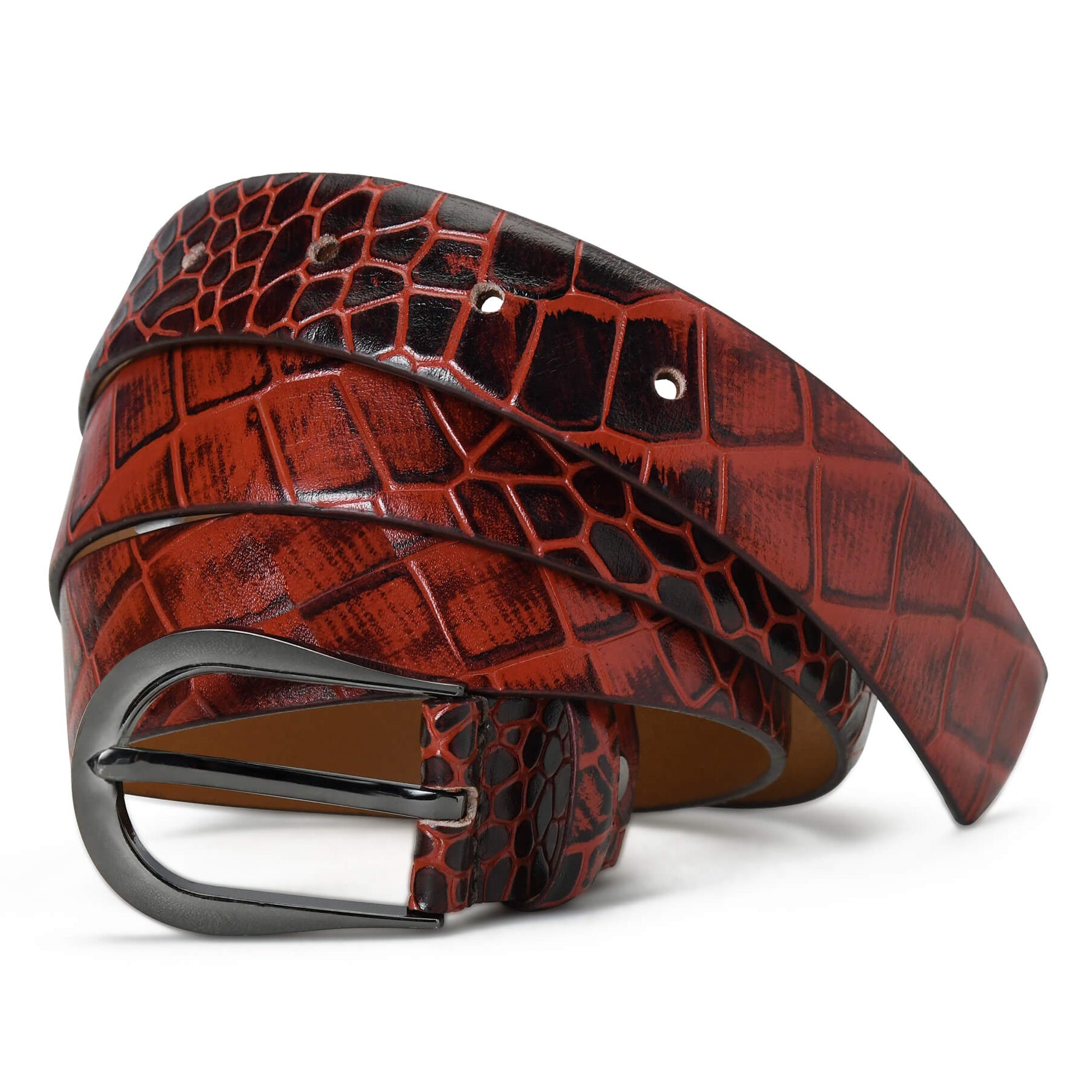 Bella Elite Slim Profile Croc Full Grain Leather Womens Belt Coiled Persian Red