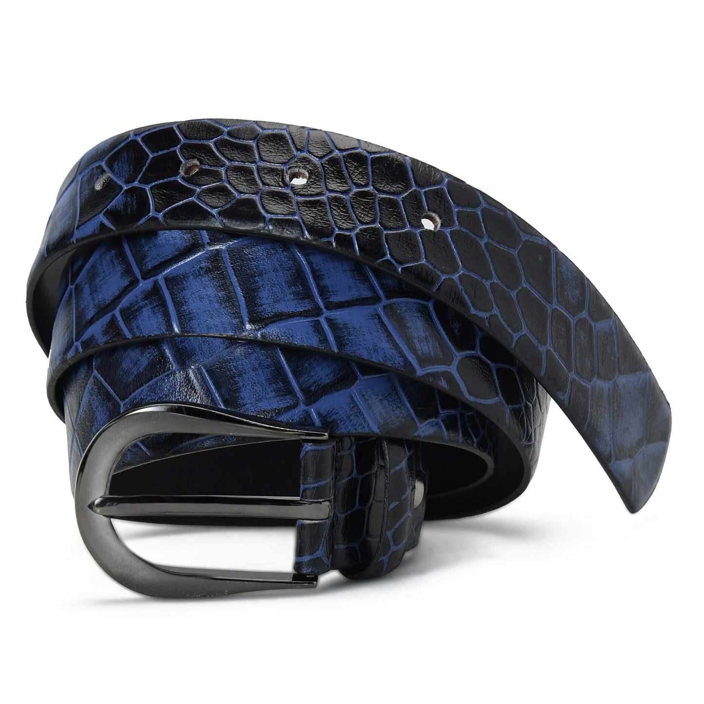 Bella Elite Slim Profile Croc Full Grain Leather Womens Belt Coiled Steel Blue