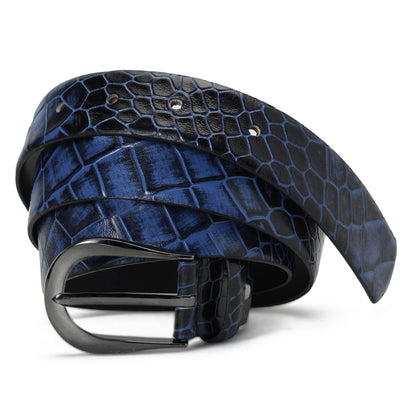 Bella Elite Slim Profile Croc Full Grain Leather Womens Belt Coiled Steel Blue