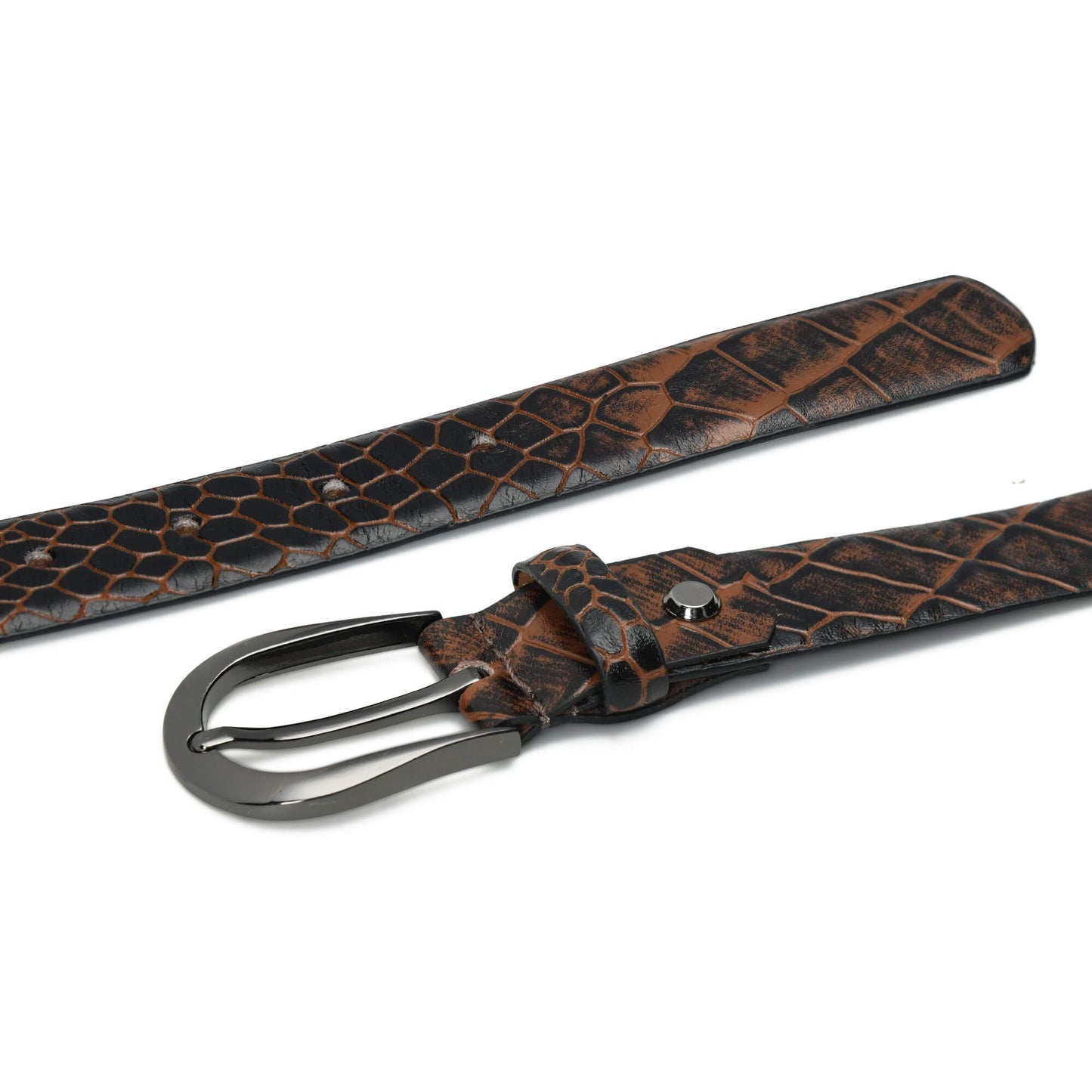 Bella Elite Slim Profile Croc Full Grain Leather Womens Belt Flatlayed Burnt Cognac