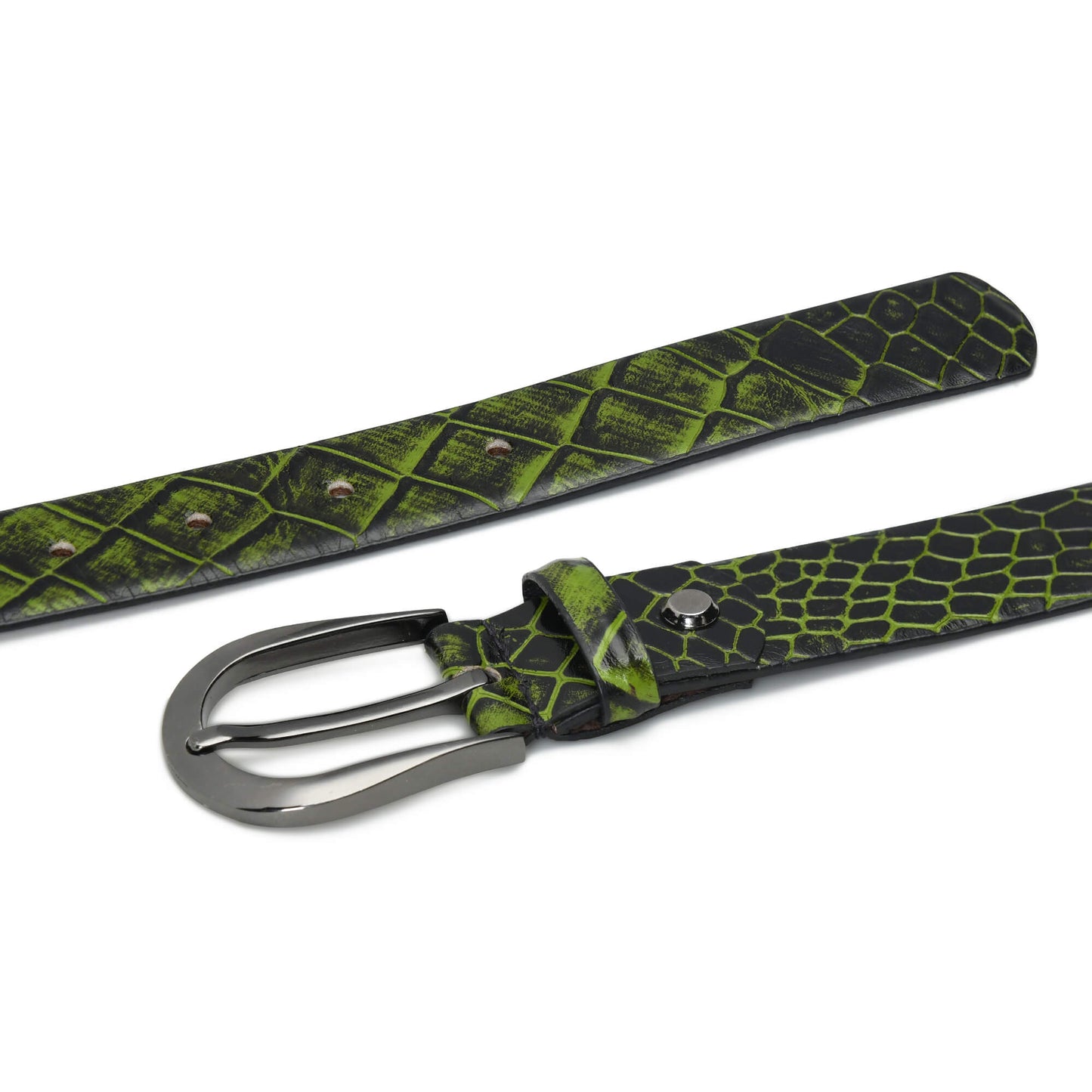 Bella Elite Slim Profile Croc Full Grain Leather Womens Belt Flatlayed Moss Green