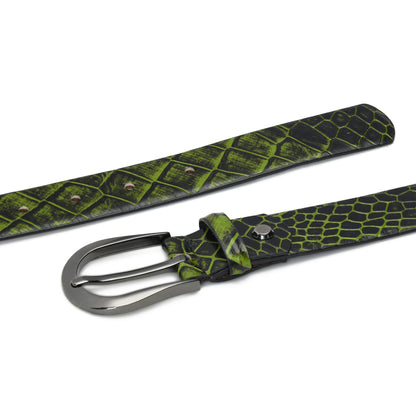 Bella Elite Slim Profile Croc Full Grain Leather Womens Belt Flatlayed Moss Green
