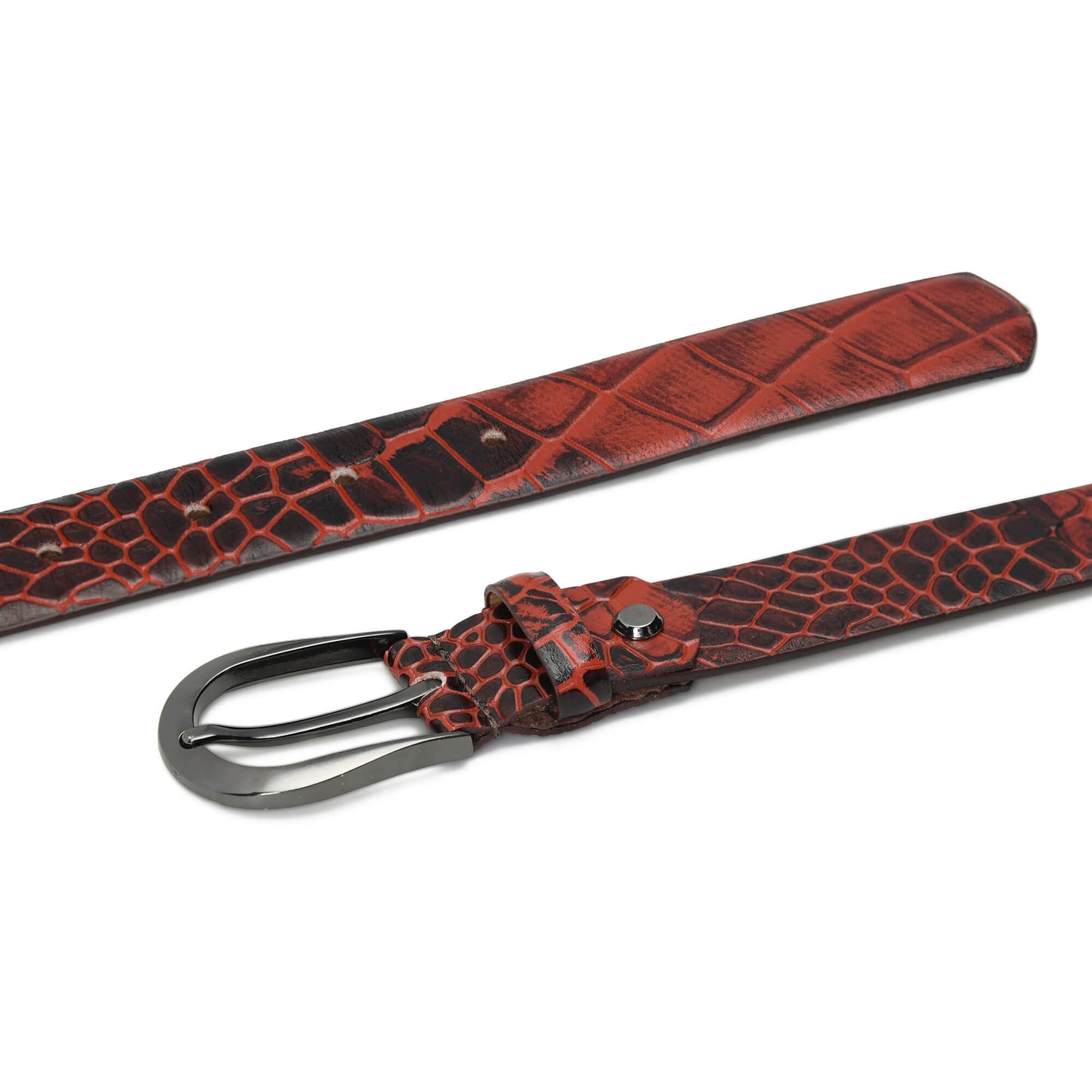 Bella Elite Slim Profile Croc Full Grain Leather Womens Belt Flatlayed Persian Red