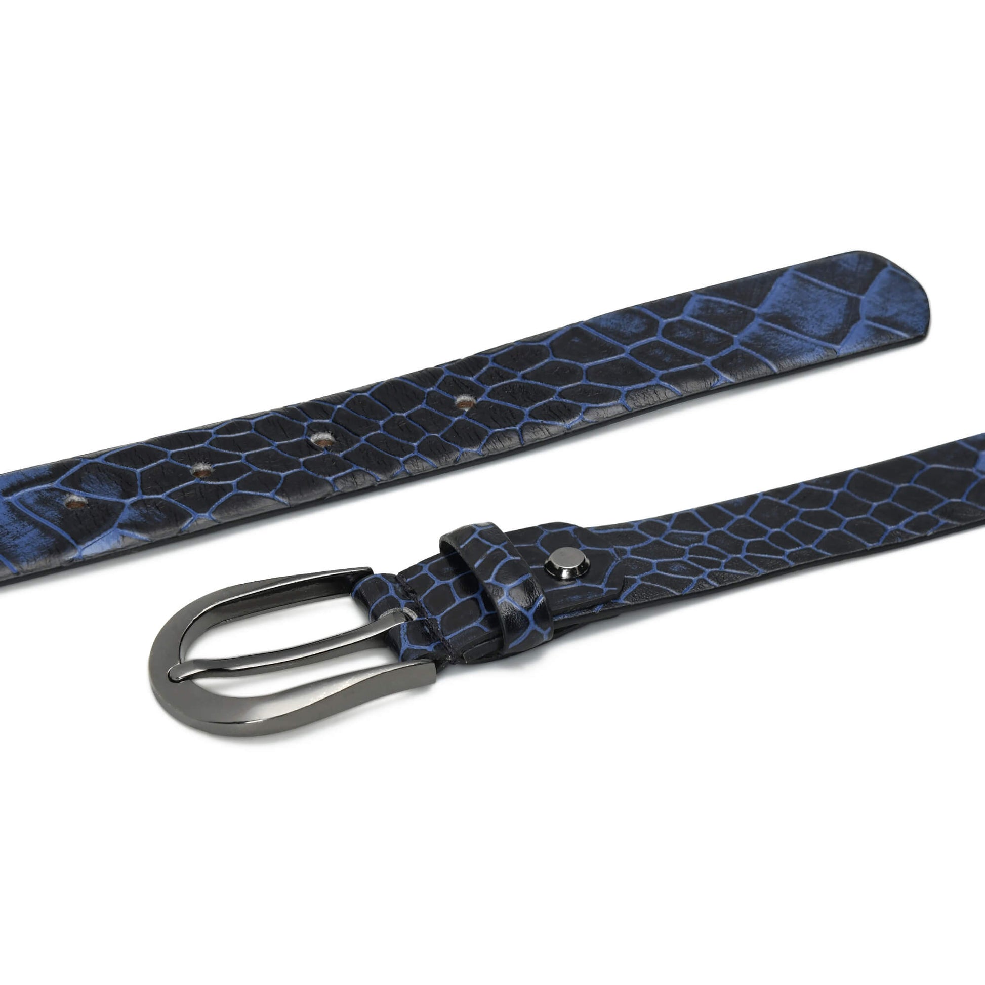 Bella Elite Slim Profile Croc Full Grain Leather Womens Belt Flatlayed Steel Blue