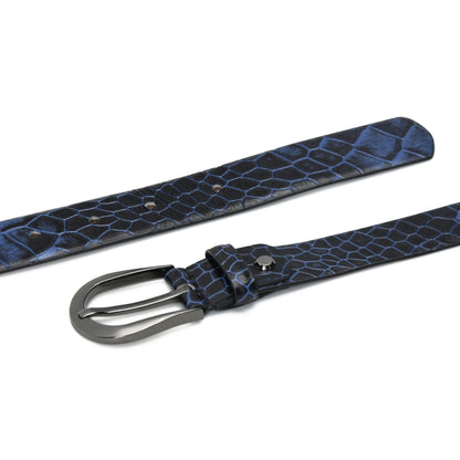 Bella Elite Slim Profile Croc Full Grain Leather Womens Belt Flatlayed Steel Blue
