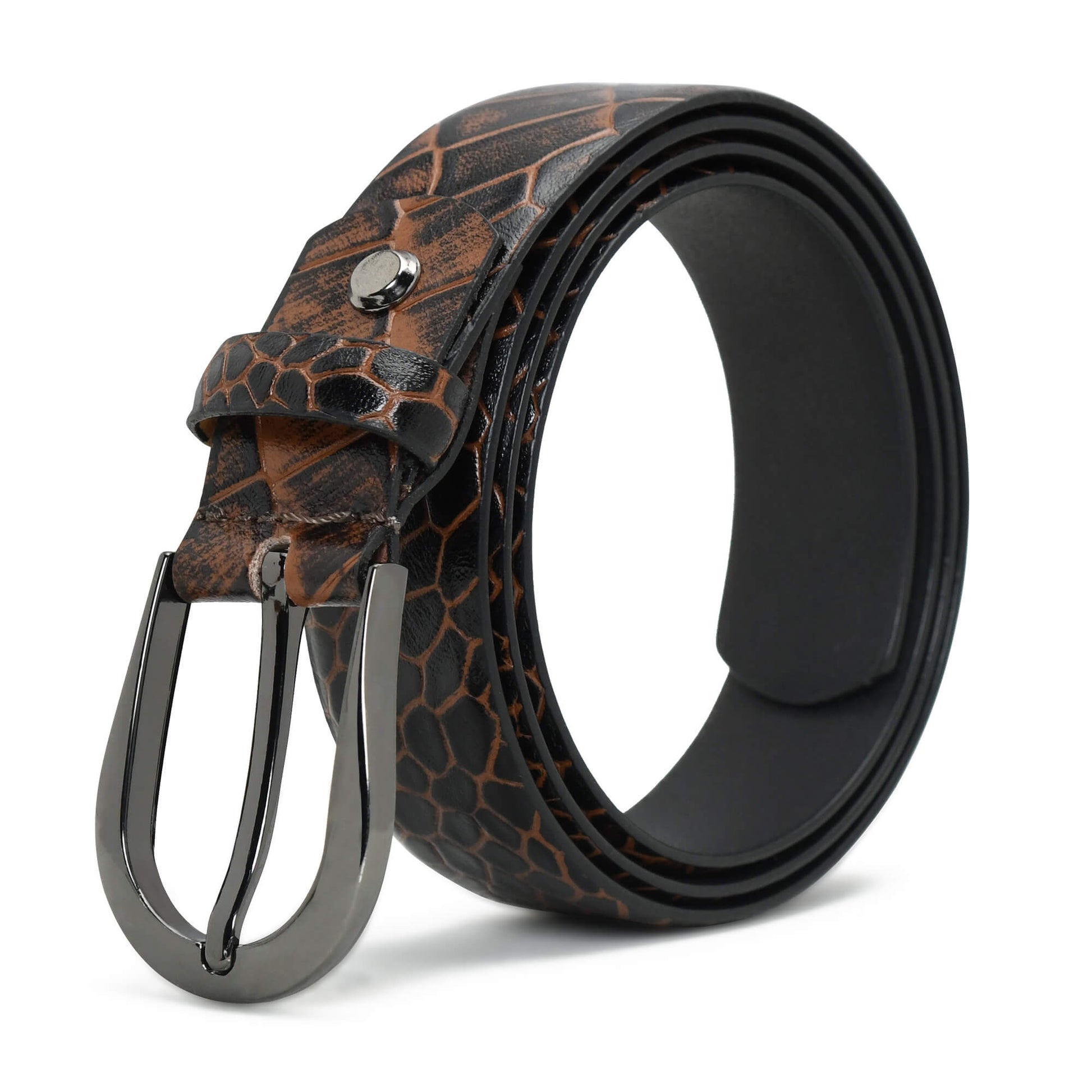 Bella Elite Slim Profile Croc Full Grain Leather Womens Belt Hero Rolled Burnt Cognac