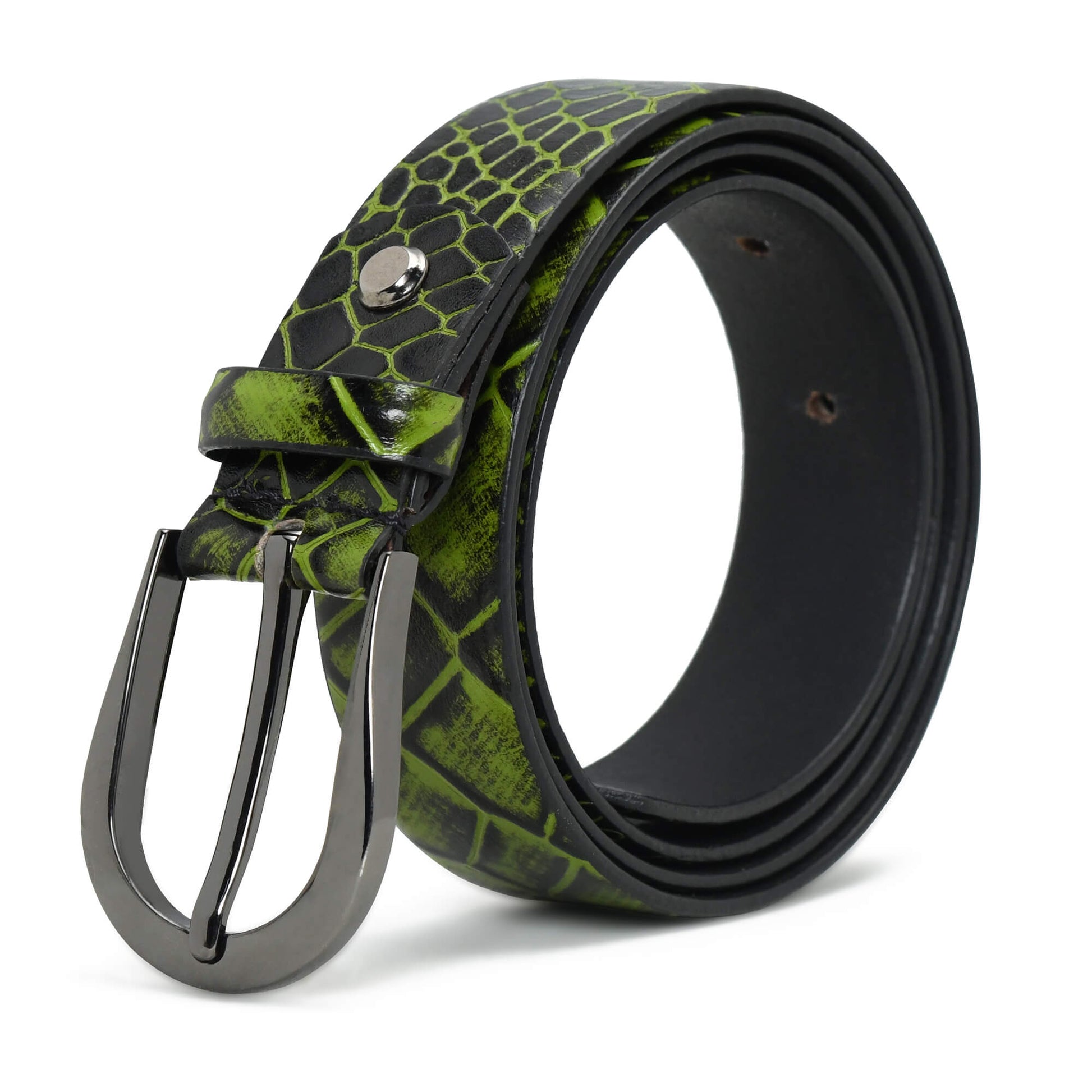 Bella Elite Slim Profile Croc Full Grain Leather Womens Belt Hero Rolled Moss Green
