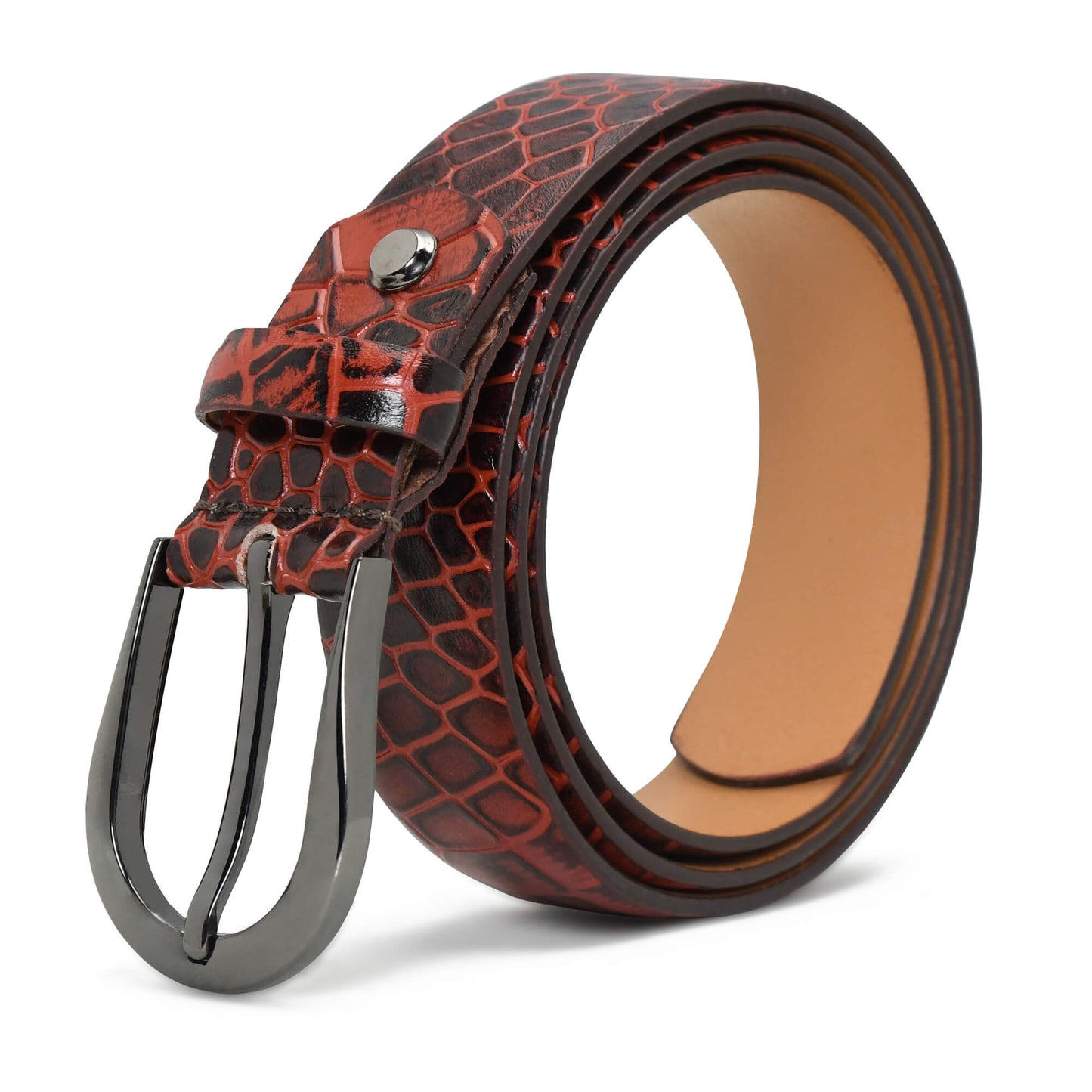 Bella Elite Slim Profile Croc Full Grain Leather Womens Belt Hero Rolled Persian Red