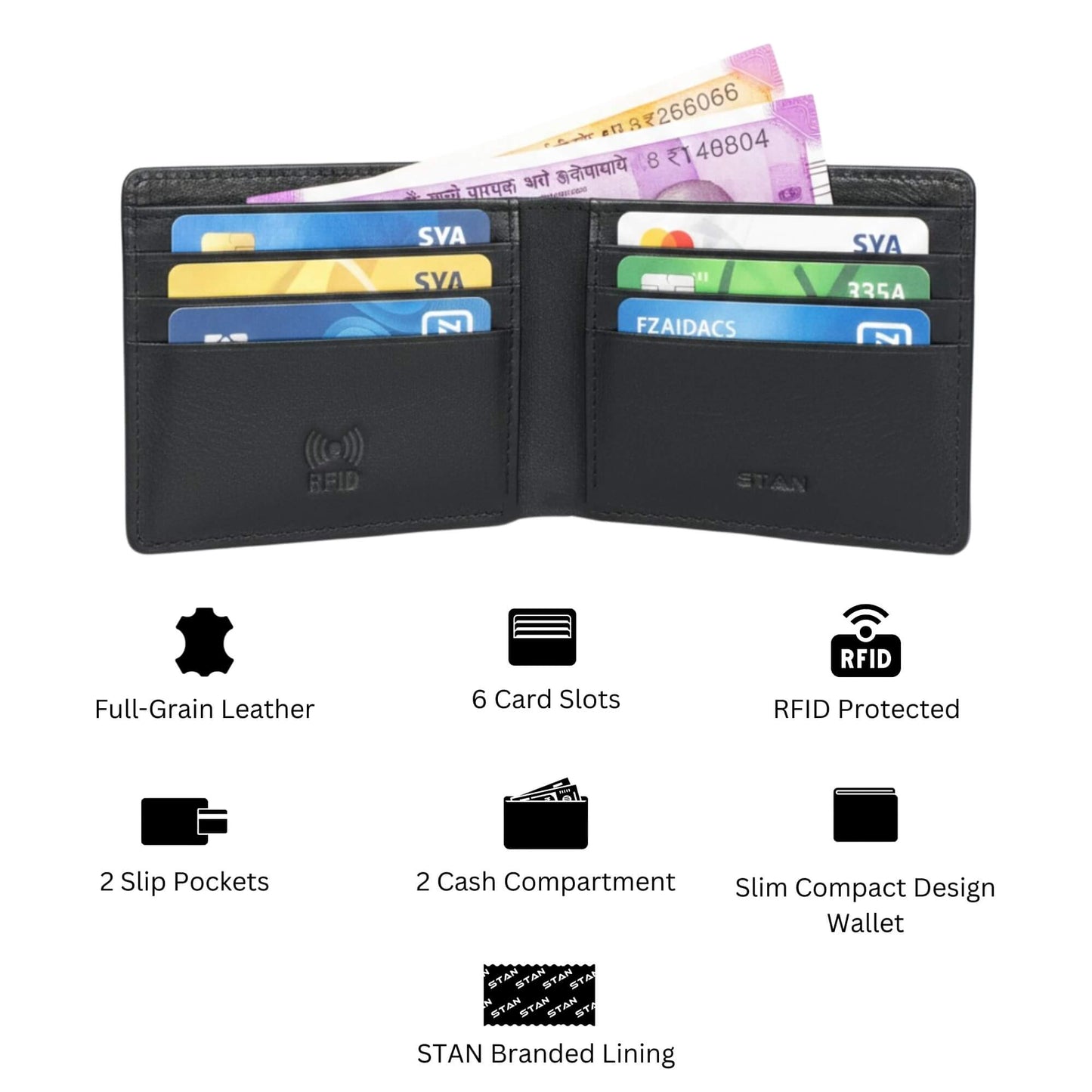 Black Baron Elite Carbon Fiber Texture Men's RFID Leather Wallet Infographics Black