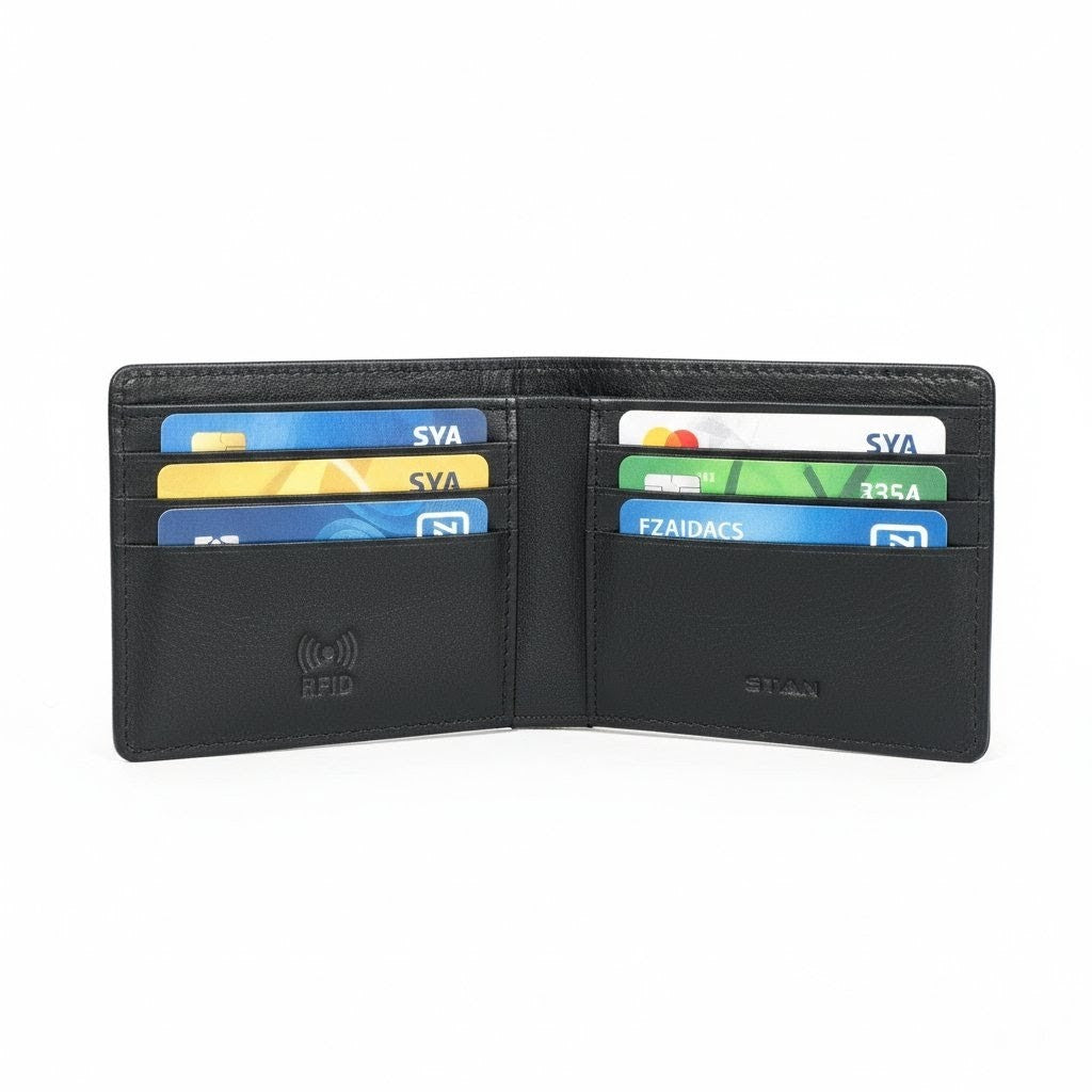 Black Baron Elite Carbon Fiber Texture Men's RFID Leather Wallet Open with Cards Black