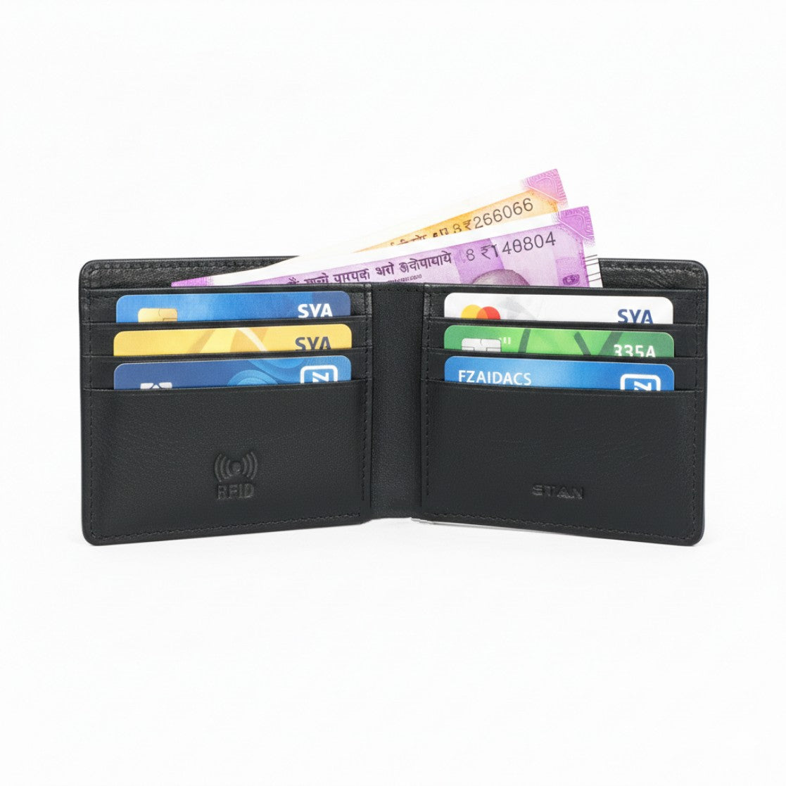 Black Baron Elite Carbon Fiber Texture Men's RFID Leather Wallet Open with Cards Cash Black