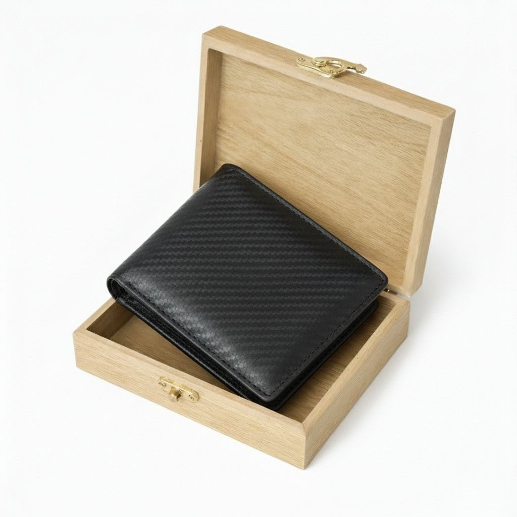 Black Baron Elite Carbon Fiber Texture Men's RFID Leather Wallet Wooden Box Black