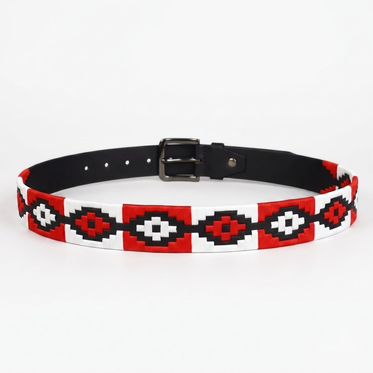 Blaze Mens Leather Belt with Hand Woven Argentine Polo Pattern rolled rear Black