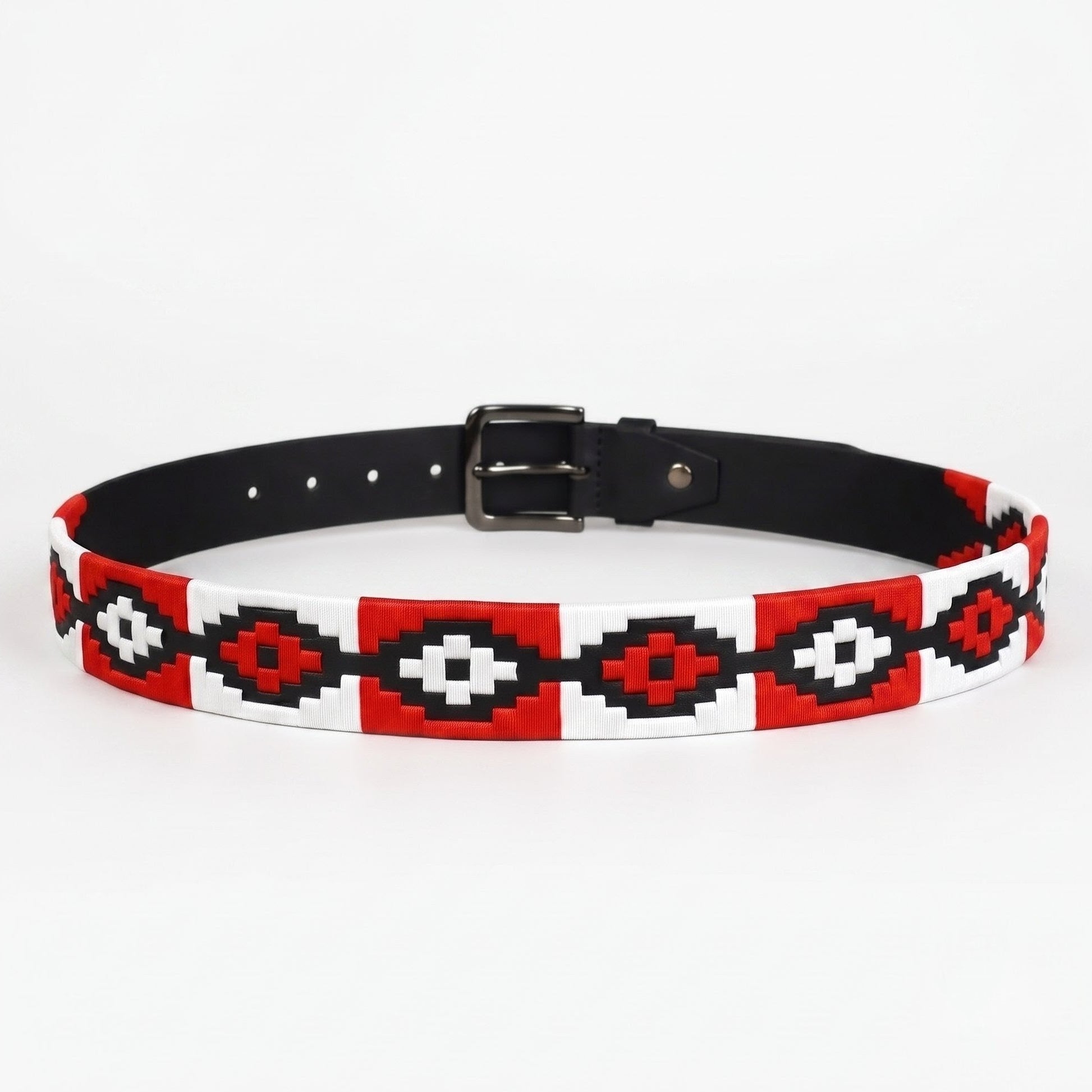 Blaze Mens Leather Belt with Hand Woven Argentine Polo Pattern rolled rear Black