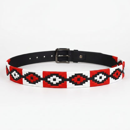 Blaze Mens Leather Belt with Hand Woven Argentine Polo Pattern rolled rear Black