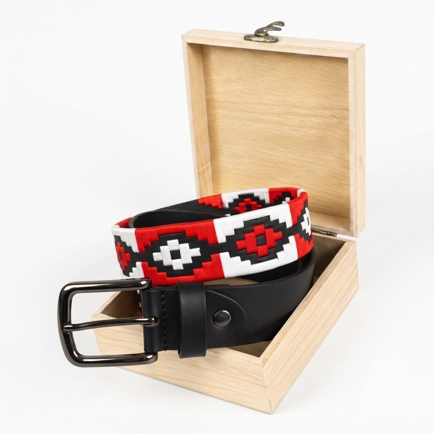 Blaze Mens Leather Belt with Hand Woven Argentine Polo Pattern with box Black