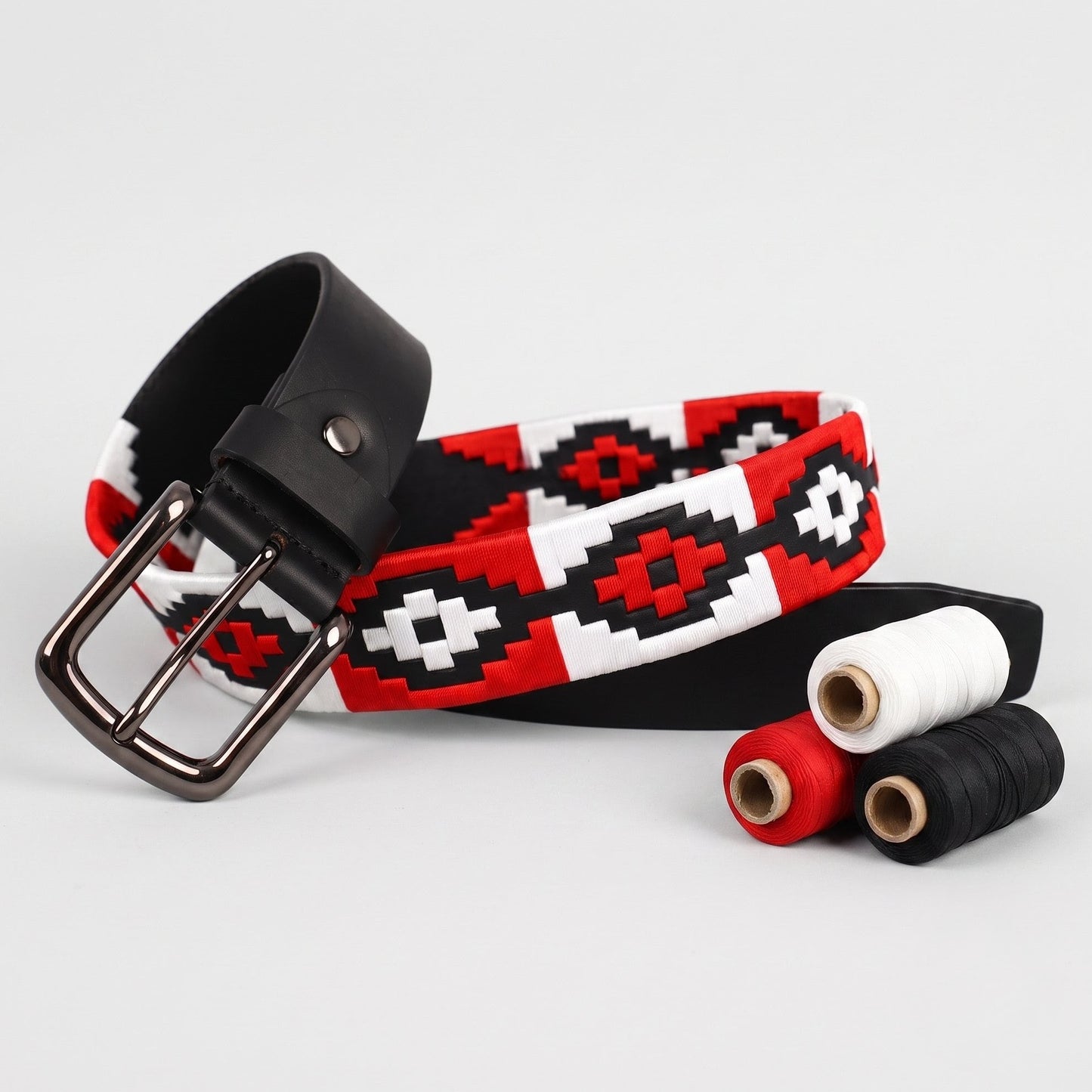 Blaze Mens Leather Belt with Hand Woven Argentine Polo Pattern with thread sets Black