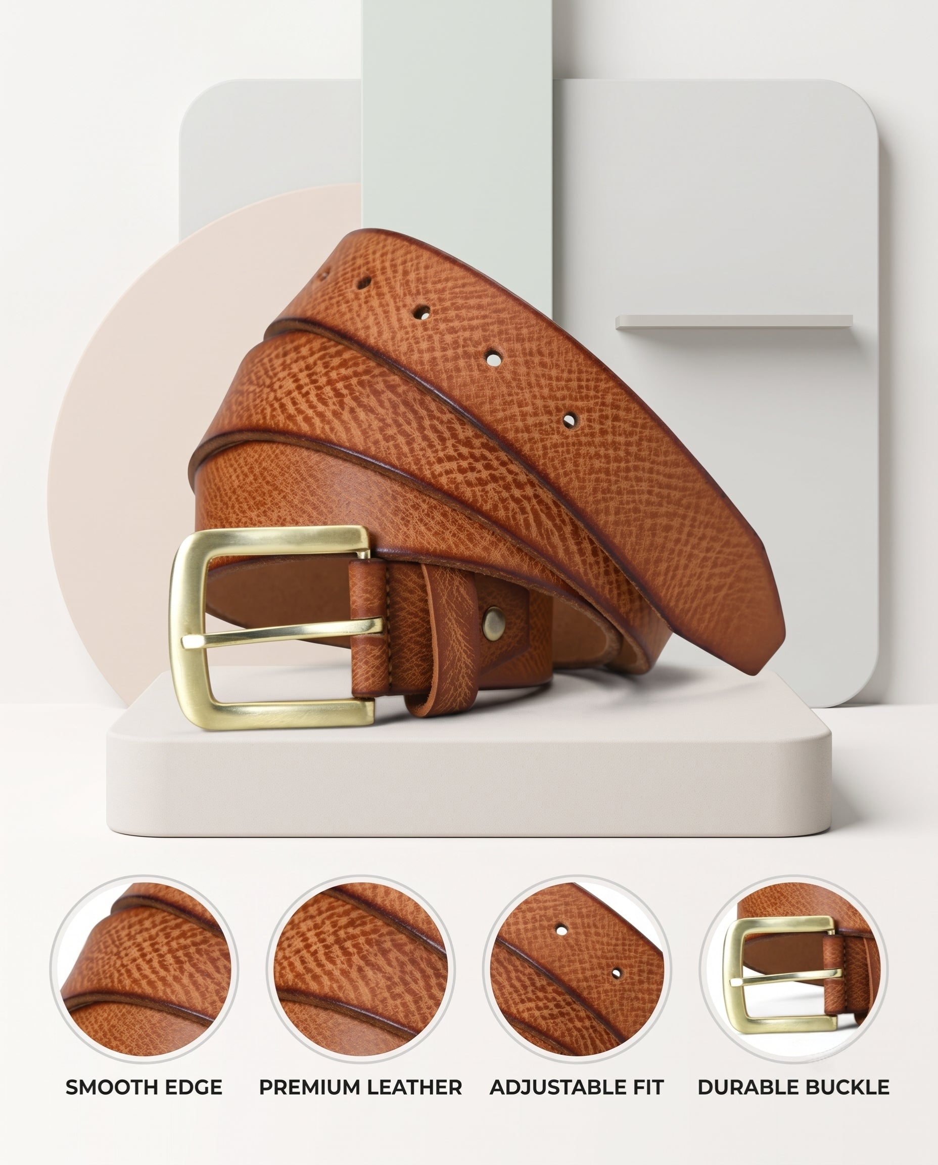 Carven Distressed Full Grain Hand-Finished Leather Belt for Men Infographic Cognac