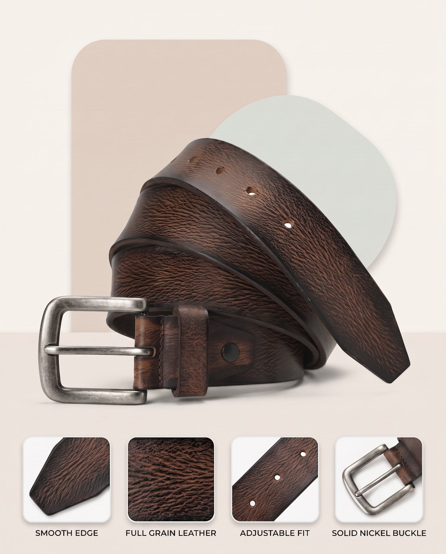 Carven Distressed Full Grain Hand-Finished Leather Belt for Men Infographic Dark Brown