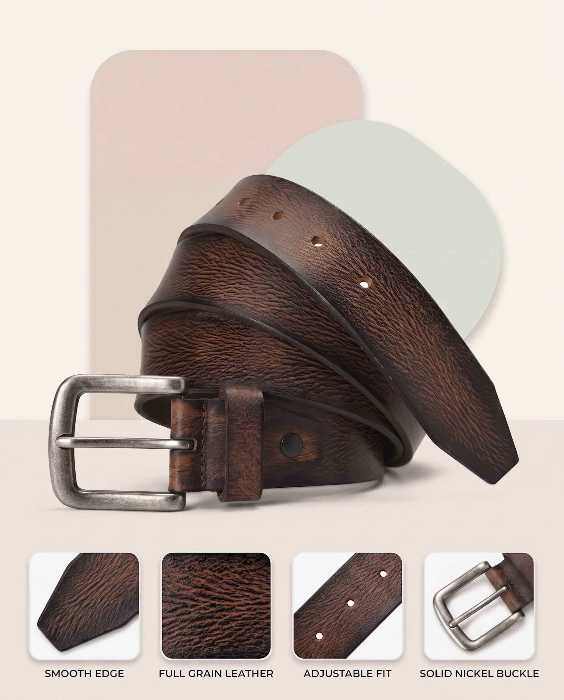 Carven Distressed Full Grain Hand-Finished Leather Belt for Men Infographic Dark Brown