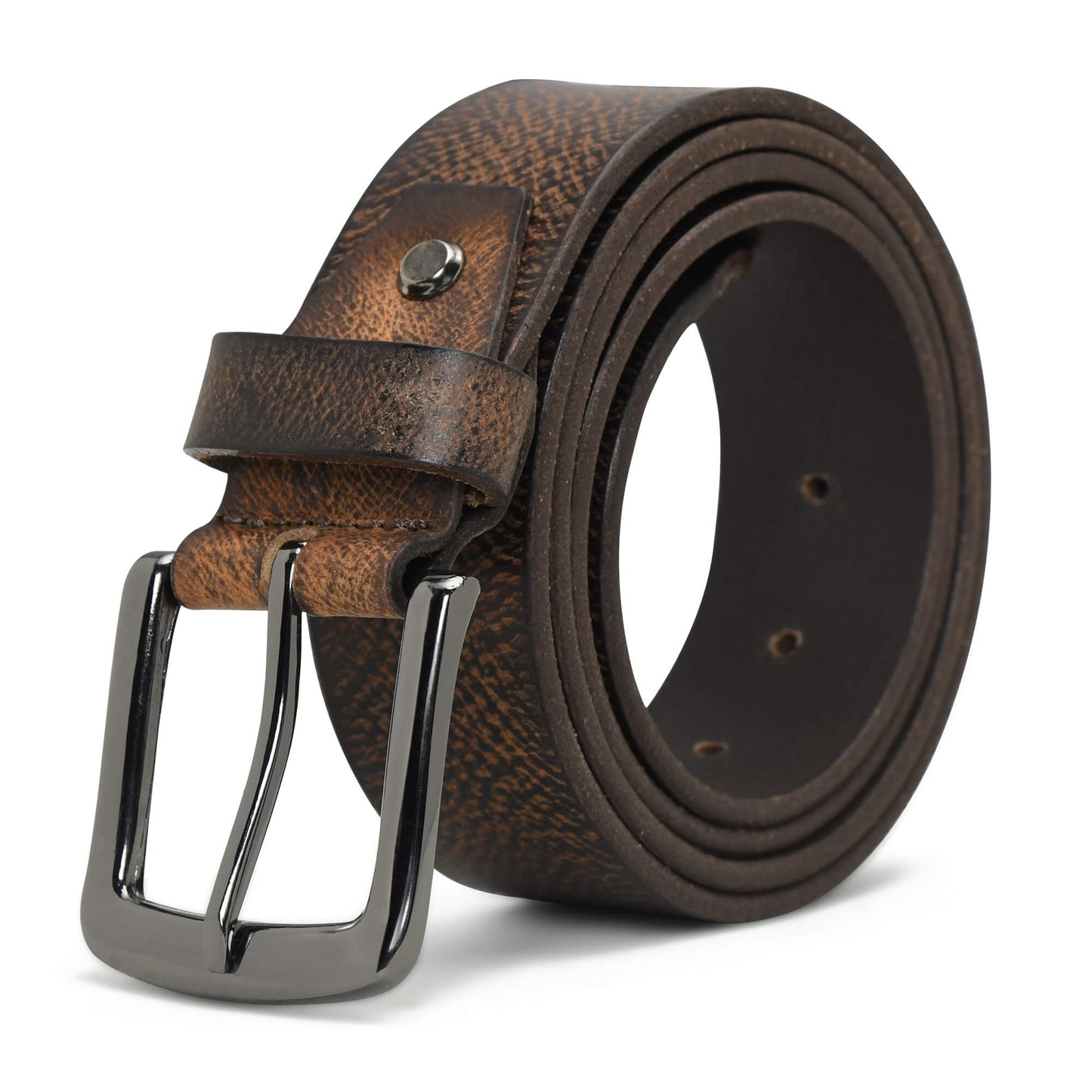 Carven Distressed Full Grain Mens Leather Belt Hand-Finished Black Nickel Dark Brown