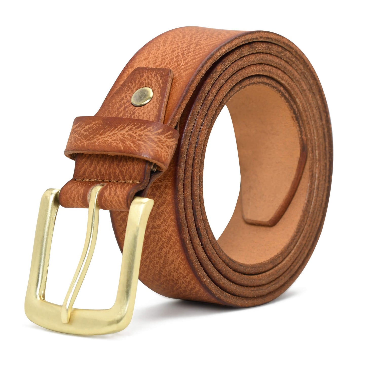 Carven Distressed Full Grain Mens Leather Belt Hand-Finished Brush Gold Cognac