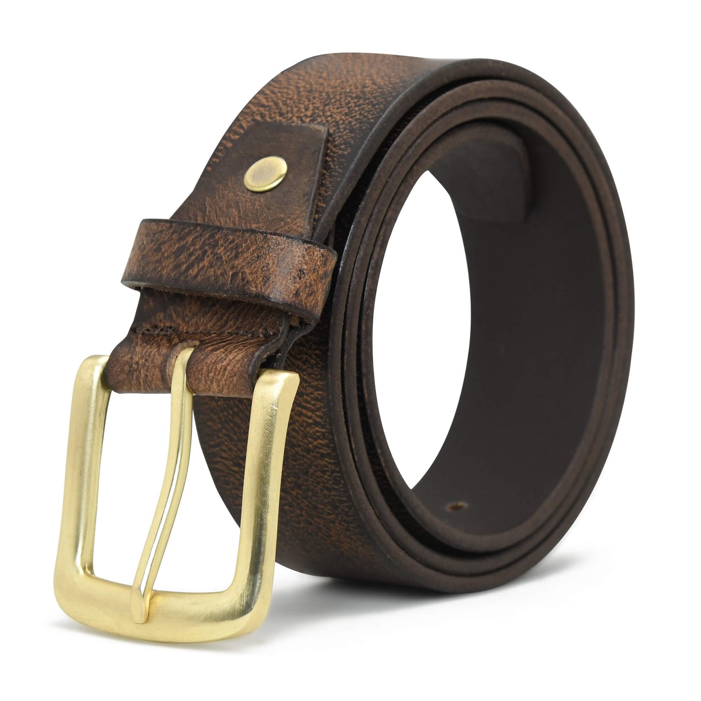 Carven Distressed Full Grain Mens Leather Belt Hand-Finished Brush Gold Dark Brown