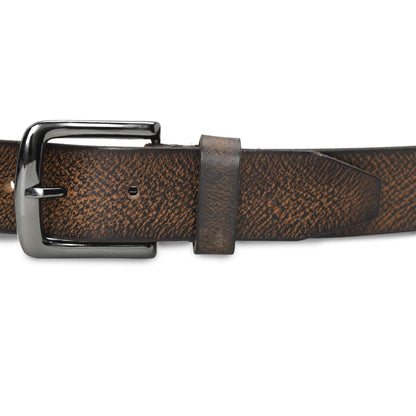 Carven Distressed Full Grain Mens Leather Belt Hand-Finished Buckle Dark Brown