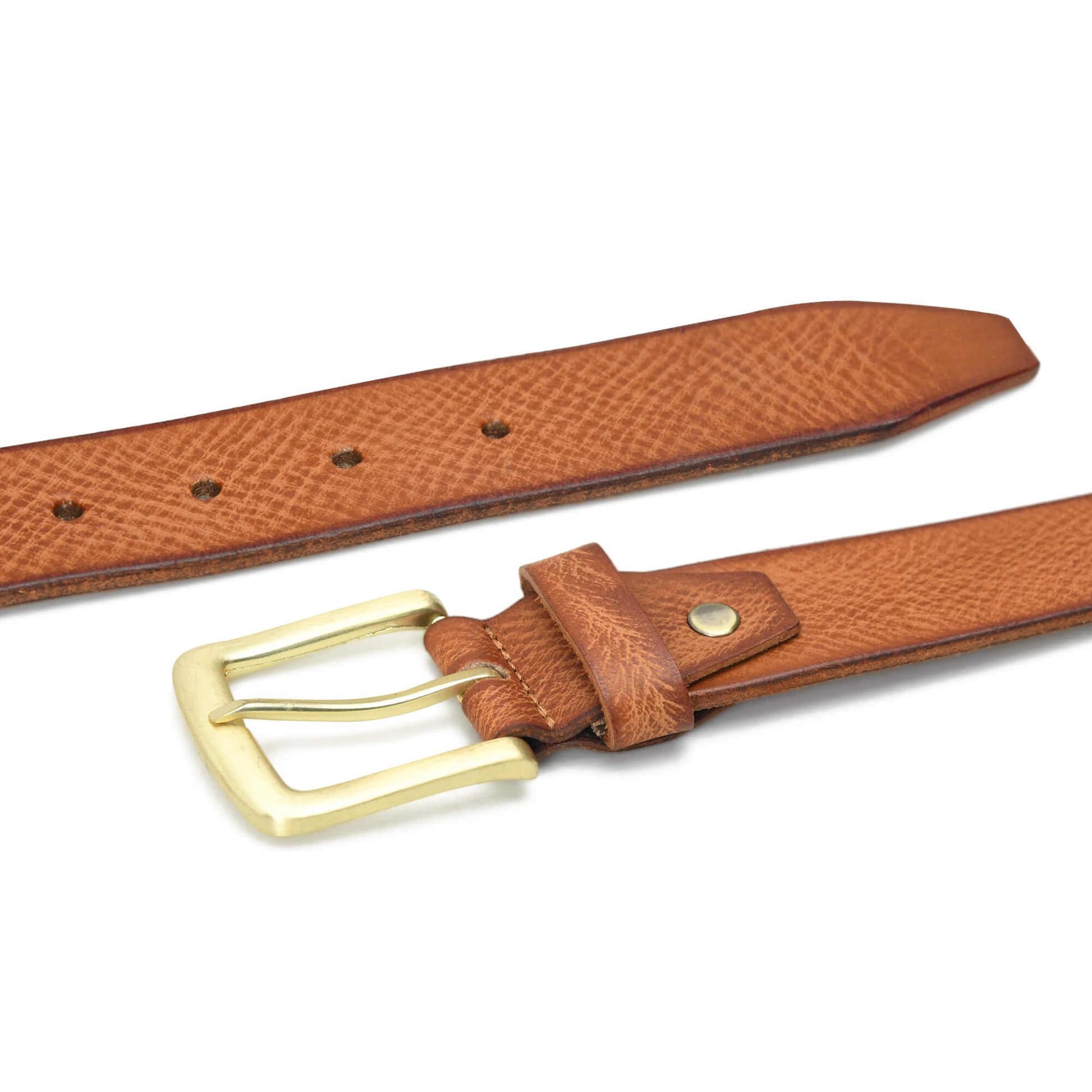 Carven Distressed Full Grain Mens Leather Belt Hand-Finished Flat Lay Cognac